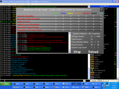 This is a screenshot of Maelstrom on top of a StealthBot window. It is showing off the channel characteristic where if a bot is able to join channels, it will join a channel specified in the settings. It also centered the program title text. This was also when the statistics shown started to change, as features were added/removed and things I felt were pertinent at the time. Vector as author also added to title.