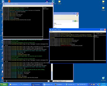 This screenshot shows the VectorNet client and the VectorNet StealthBot plugin both connected to the VectorNet server.