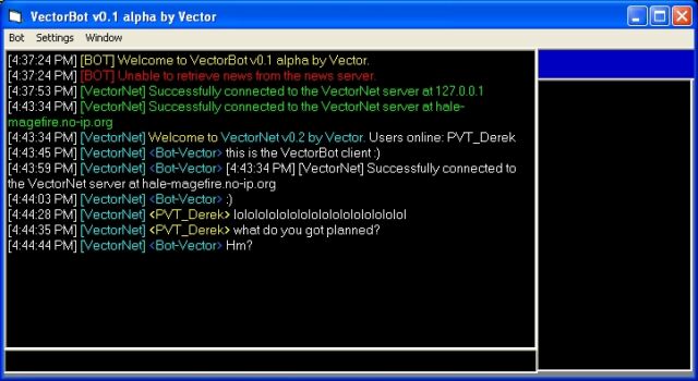 This screenshot shows an attempt at implementing the VectorNet protocol in VectorBot.