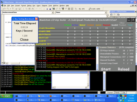 This screenshot shows off the benchmark feature of Maelstrom. At the time you had to set Benchmark=1 in the config and load the program. A separate window with barely any formatting show will show up. This allows you to test how fast Maelstrom is testing your keys. The title text replaced Clan CODE with CodeSpeak.