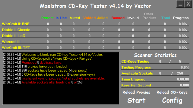 This screenshot of the Maestrom 4.X series shows two separate command labels that reload proxies and reload CD-Keys respectively, as well as a config label that opens up the new config screen (introduced in Maelstrom 4.0). In this screenshot, a progress section for each product. as well as the key benchmark feature being added onto the main form and no longer requiring a config variable.