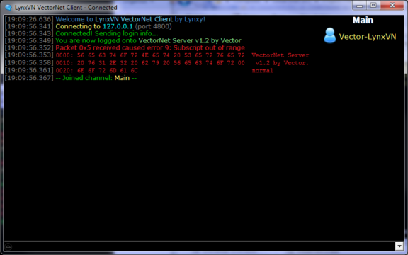 LynxVN is a chat client written for VectorNet. It was written by Lynxy and is mostly compatible with the VectorNet server she wrote for it. Most notable feature is the ability to upload custom icons to the server. This is not supported by the official VectorNet server.