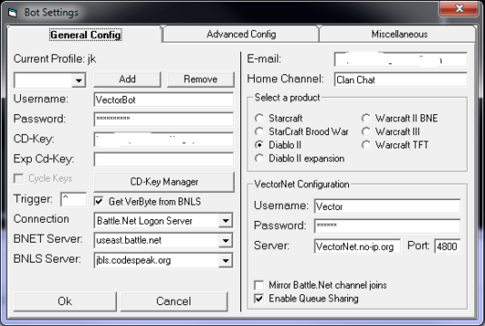 This is the settings screen for VectorBot.