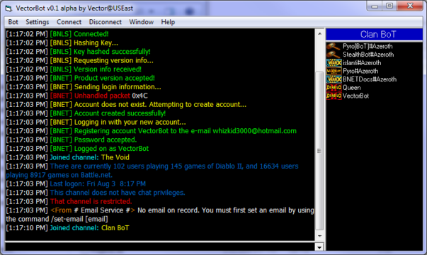 This is the result of an attempt to create a chat client for Battle.Net called VectorBot.