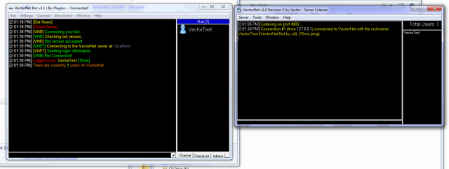 This screenshot shows a VectorNet Bot client connected to a VectorNet server.